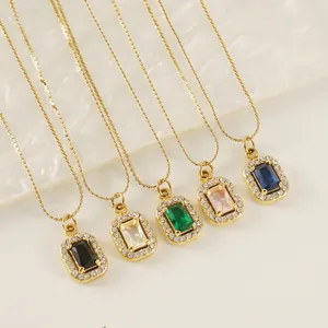Rectangle Pendant Necklace Stainless Steel 18K Gold Plated Halo Zircon Emerald Cut Light Luxury Fashion For Women