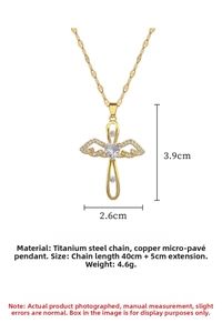 Detail of gold titanium angel cross necklace with heart zircon pendant size 3.9x2.6cm