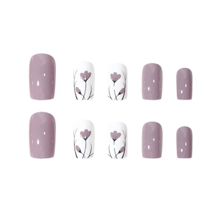 Morandi purple press-on nail kit with hand-painted white floral tulip designs