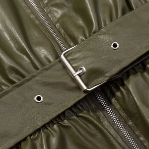 Army green biker jacket in PU leather featuring a waist belt and metallic buckle detail