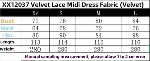 Tableau des tailles pour robe midi en velours et dentelle avec mesures précises