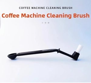 Dual-head espresso machine brush with nylon bristles and integrated coffee bean measuring scoop