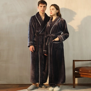 Thick plush flannel robes for couples featuring shawl collars and white contrast piping