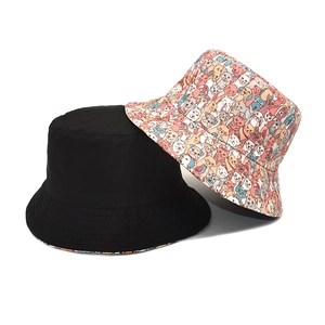 Double-sided bucket hat with black solid color and cute cartoon animal print for outdoors