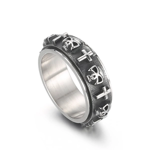 Vintage punk stainless steel spinning ring with skull and cross relief motifs