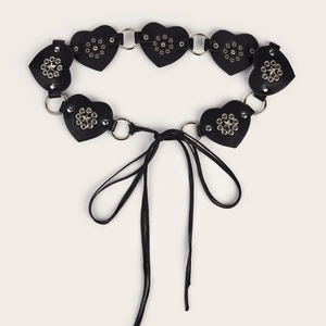 Y2K punk style black heart-shaped rivet belt with metal rings and star studs decoration