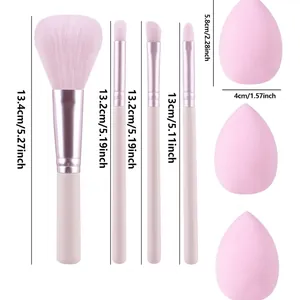 Makeup brush set with sponges including size measurements for brushes and blenders
