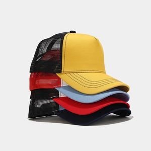 Classic mesh trucker hats in various colors with breathable back and curved brim design