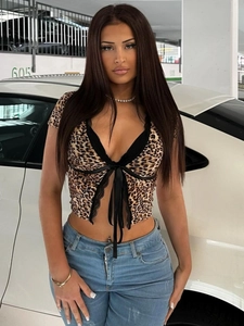 Sexy Leopard Print Crop Top V Neck Lace Trim Ribbon Tie Slim Fit Short Sleeve Polyester Spandex Streetwear Women