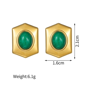 Detailed size view of retro hexagonal gold earrings with green oval stone and weight specs