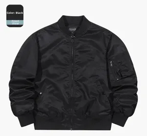 Detailed view of the black flight jacket with a utility pocket on the left sleeve