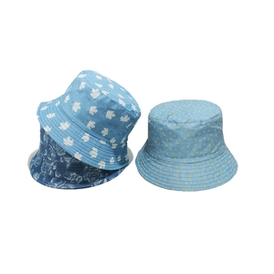 Three-pack denim bucket hats for women featuring floral and maple leaf patterns