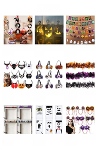 Collection of various Halloween party supplies and spooky decorations and accessories