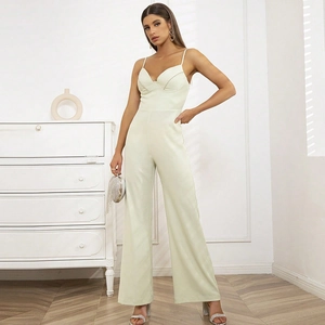 Combinaison Femme Élégante Bordure Strass Col En V Bretelles Spaghetti Jambes Larges Taille Haute Dos Nu Fête