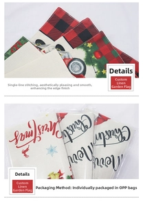 Detail of durable single-stitched edges on a linen Christmas garden flag with plaid truck