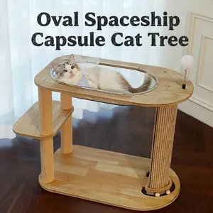 Árbol Para Gatos De Madera Multinivel Con Cápsula Espacial De Acrílico Transparente Poste De Sisal Y Juguetes De Bolas