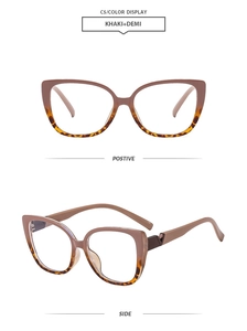 Cat-eye glasses detail showing front and side views in khaki and tortoise shell design
