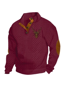 Men's burgundy knit sweater featuring brown leather elbow patches and deer embroidery