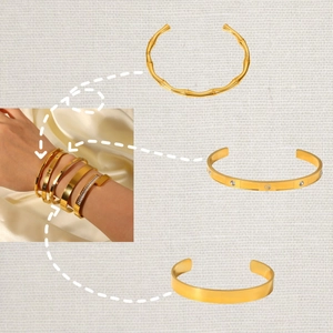 Gold Plated Stainless Steel Bangle Bracelet Zircon Inlaid Bamboo Design Open Cuff Minimalist Ins Style For Women