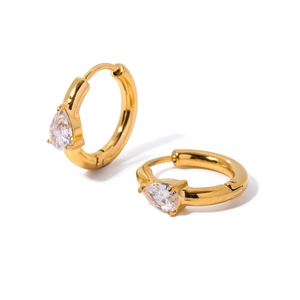 18k gold plated stainless steel hoop earrings featuring teardrop zircon pendants on white