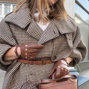 Women Short Houndstooth Jacket Brown Woolen Look Double Breasted High Neck With Strap Vintage British Style Long Sleeve