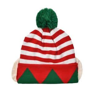 Front detail view of Christmas elf knitted hat with red white stripes and ears