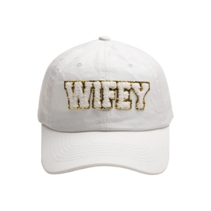 White baseball cap with gold sequin WIFEY embroidery and luxury towel stitching detail