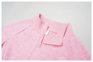 Detail of pink mélange zip-up sports jacket showing stand-up collar and textured fabric