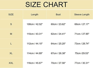 Size chart for batwing sleeve long cardigan showing length, bust, and sleeve measurements