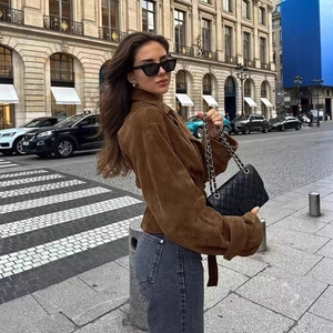 Women's brown faux suede short jacket with lapel and waist belt in British style