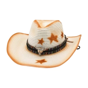 Straw western cowboy hat with star patterns and silver bull skull ornament on white background