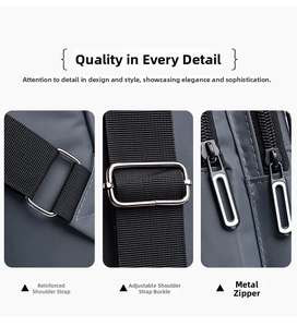 Detail of dark grey Oxford fabric chest bag showing reinforced stitching and metal zipper