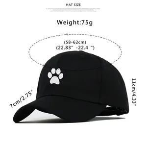 Detalles de medidas para gorra de algodón negro con bordado de pata de gato blanca