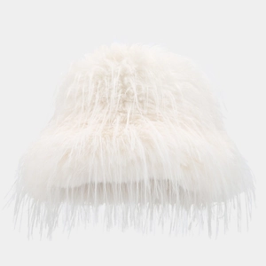 Winter fluffy white faux fur fisherman hat with soft long plush texture for women
