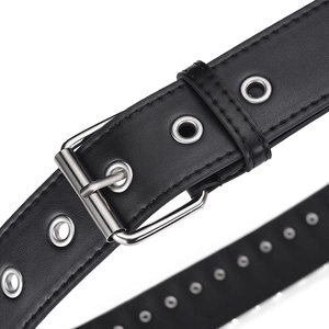 Punk style black leather belt with silver eyelets and metal buckle on white background