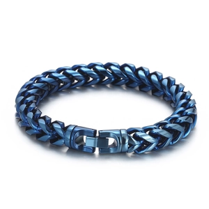 Mens blue stainless steel curb chain bracelet with glossy finish and spring clasp
