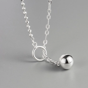 Minimalist 925 silver double layer necklace with beaded chain and round ball pendant