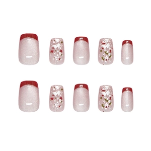 Unghie finte fatte a mano French rosse con effetto cat-eye perla viola e glitter argento