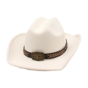 Western Cowboy Hat Wide Brim Felt Fedora With Bull Head Metal Buckle Retro Ethnic Style For Men Women