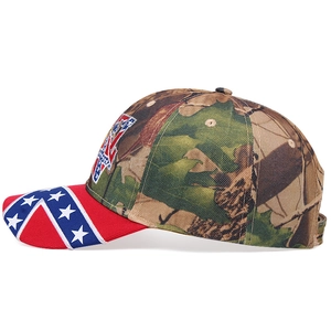 Side view of a tactical camouflage baseball cap with Confederate flag patch and patterns