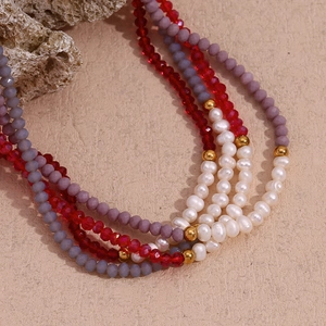 Beaded Necklace With Freshwater Pearl Faceted Crystal 18K Gold Plated Stainless Steel Handmade Retro Jewelry For Women