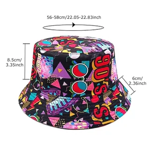 90S retro graffiti bucket hat with size chart showing 56-58cm head circumference