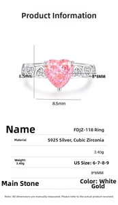 Detail view of pink heart gemstone S925 silver ring with 8x8mm cubic zirconia