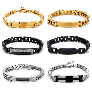 Stainless Steel Cuban Link ID Bracelet For Men Hip Hop Geometric Curved Plate Chain Wristband Fashion Streetwear Jewelry