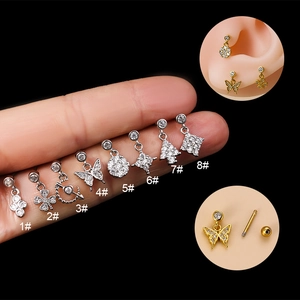 Surgical steel stud earrings with zircon butterfly and geometric charms set