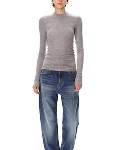 Detail of grey slim-fit wool-tencel long sleeve top with soft knit texture