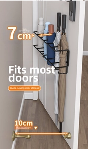 Space-saving black metal umbrella rack with dimensions showing 7cm width and 10cm gap