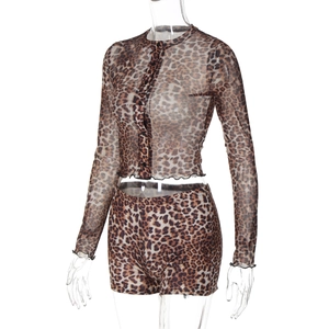 Detail of leopard print sheer mesh fabric on two-piece button cardigan and shorts set