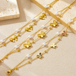 Bracciale A Strati Acciaio Inossidabile Placcato Oro Farfalla Fiocco Perla Artificial Gioielli Da Donna Stile Semplice Dolce
