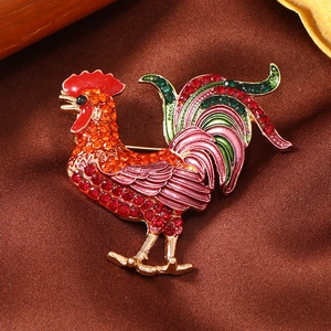 Exquisite rooster brooch with orange gradient rhinestones and colorful enamel on silk